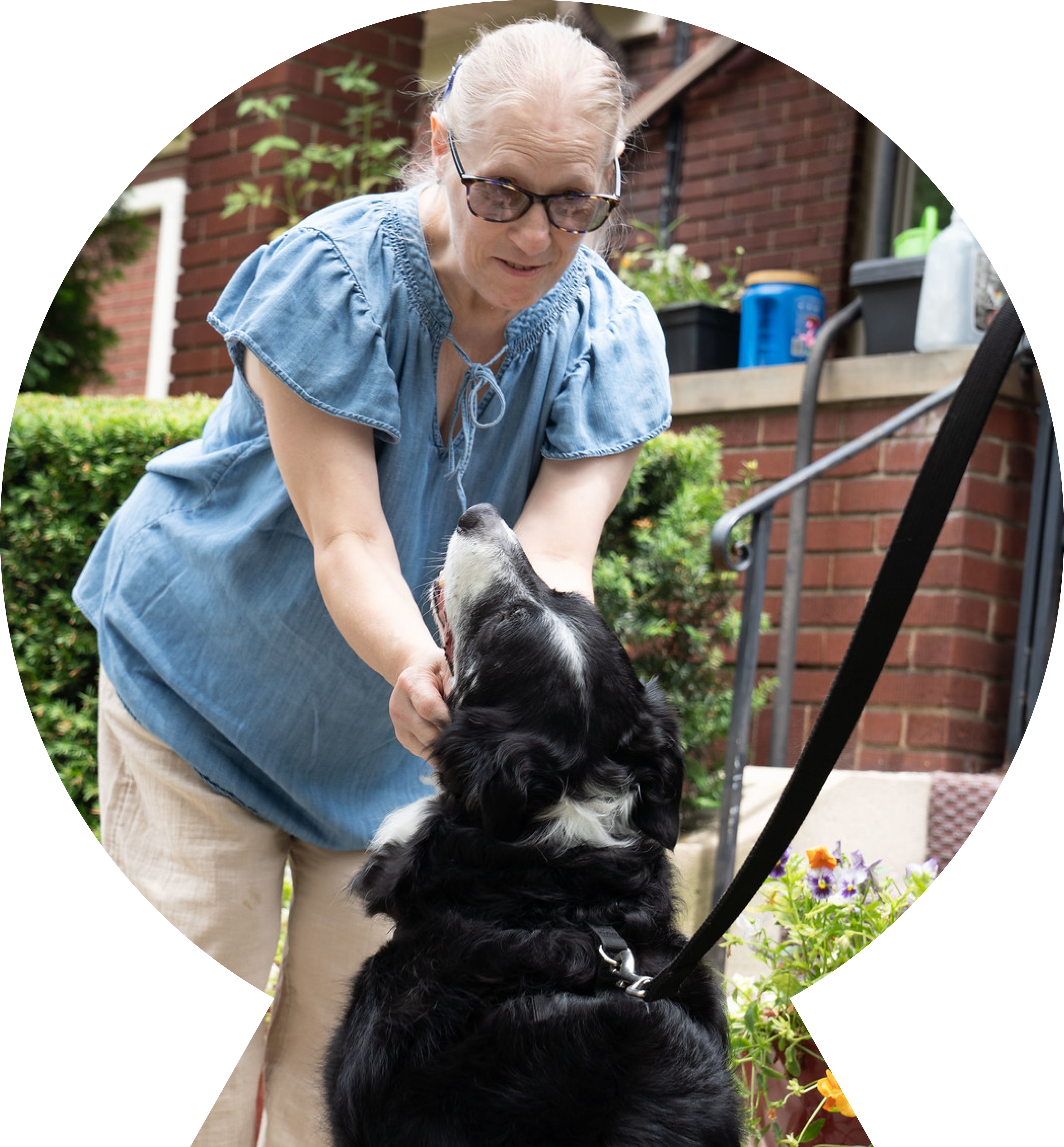 Older woman petting a black dog. Older woman petting a black dog.